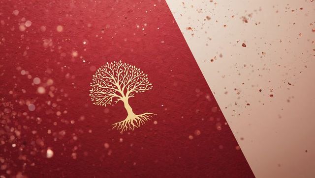 Golden tree emblem on maroon textured paper with diagonal beige panel and gold flecks