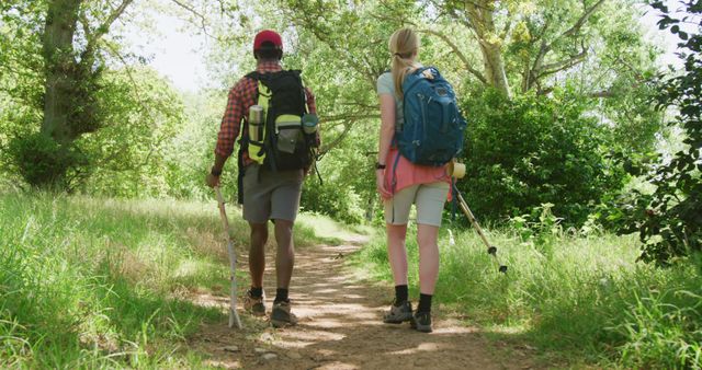 Diverse couple hiking with backpacks in park on sunny day, slow motion - Download Free Stock Photos Pikwizard.com