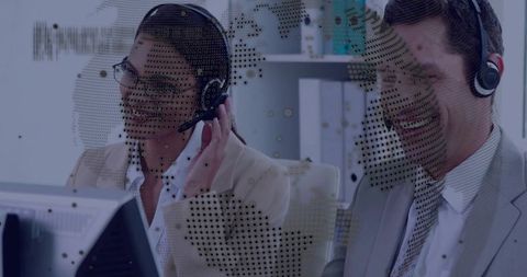 Customer support team collaborating with headsets and digital global data overlay