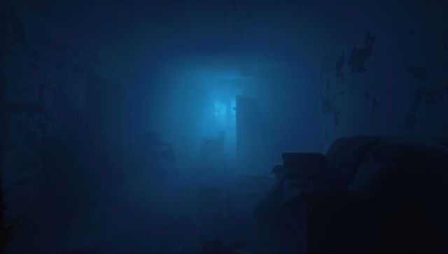 Abandoned living room with glowing blue doorway, foggy interior, eerie post-apocalyptic mood