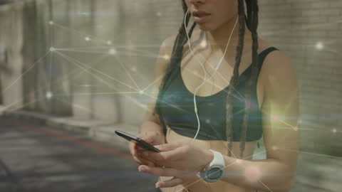 Woman Jogging with Smartwatch and Smartphone as Technology Concepts Overlays