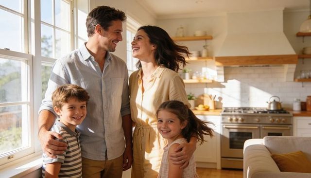 Smiling family of four standing in sunlit farmhouse kitchen sharing warm morning moment