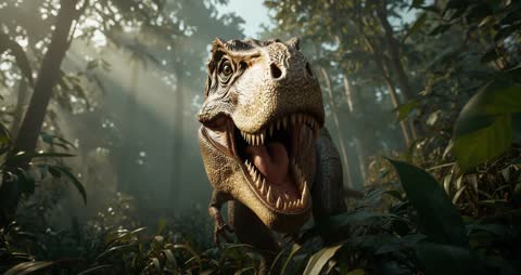 Roaring T-Rex Advancing in Lush Jungle