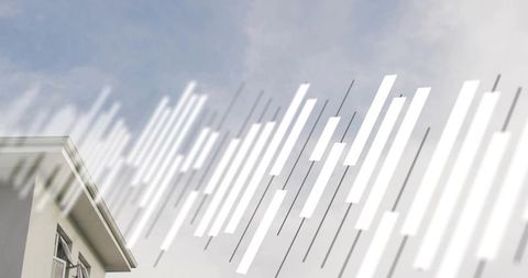 Geometric white streaks and diagonal lines overlaying modern building corner and sky