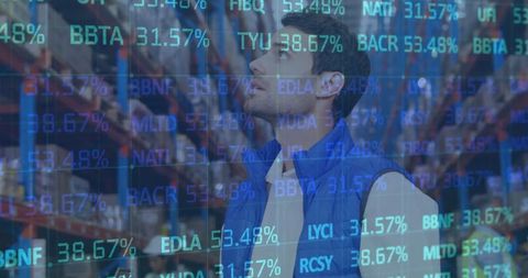 Warehouse Worker Amidst Global Financial Data Overlay