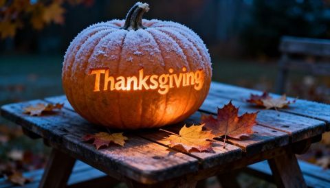 Frosted thanksgiving pumpkin glowing on wooden picnic table with autumn leaves