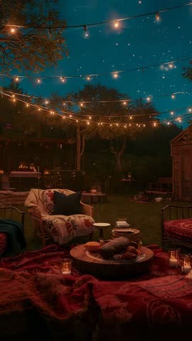 Cozy backyard evening glowing with string lights and candles, rustic seating inviting