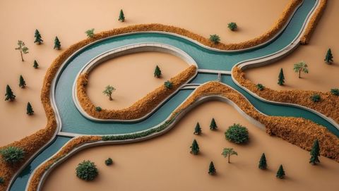 Abstract geometric water channels with trees and hedges