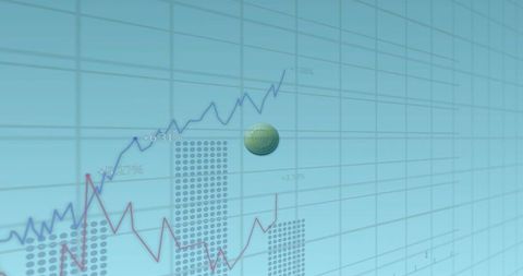 Fluctuating line graphs on digital dashboard with metallic sphere