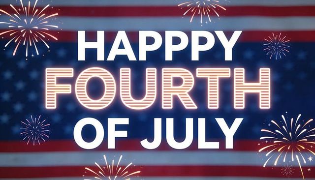 Retro neon happy fourth of july banner with fireworks and american flag stars and stripes