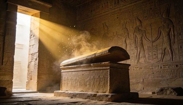 Sunlight streaming over ancient egyptian sarcophagus in carved burial chamber with dust