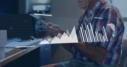 Senior Analyzing Data on Smartphone with Holographic Display