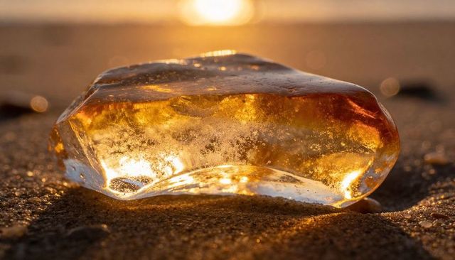 Golden amber glass chunk glowing on wet sand at sunset