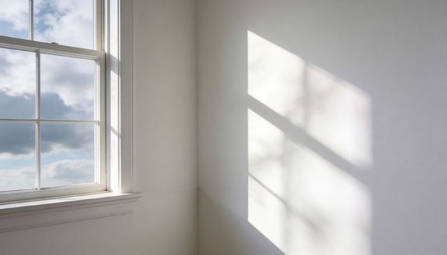Sunlight casting geometric window grid shadow with branch silhouette on white wall