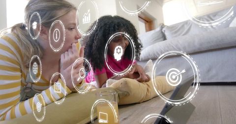 Two Women Engaging with Online Technology Icons Interaction