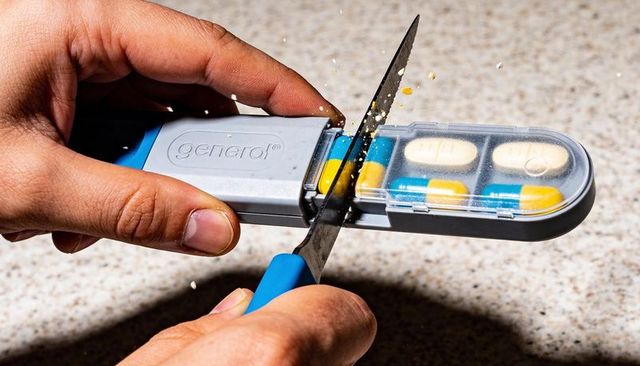 Hands crushing pills in plastic pillbox with knife conveying medication misuse risk