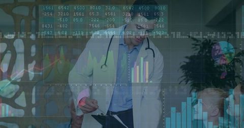 Doctor Reviewing Digital Health Charts with Overlayed Data Visualizations