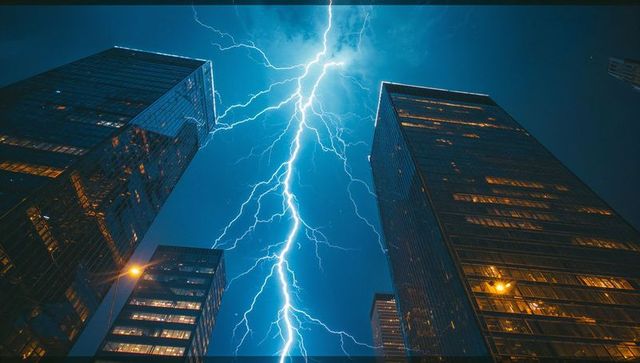 Dynamic Lightning Bolt Striking Between Urban Glass Skyscrapers