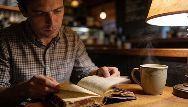 Man reading worn novel under lamp in cozy café with steaming mug and warm light