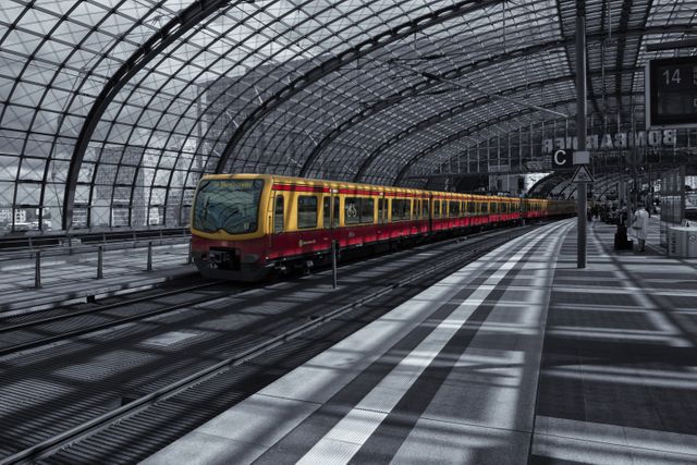 Showcasing modern urban transport, this image captures a high-speed train arriving at a futuristic indoor railway station with a glass ceiling. The long platform and contemporary architectural design create a dynamic view suitable for articles or materials related to urban transit systems, railway station innovations, and efficient city travel. Ideal for use in transportation publications, promotional materials for public transport systems, and travel industry advertisements.