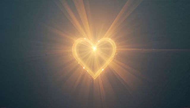 Glowing golden heart emitting radiant rays and sparks on dark teal background with lens flare