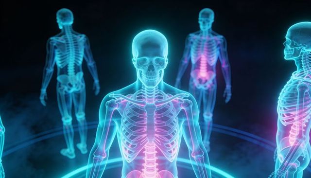 Glowing Holographic Skeletons Highlighting Neon Cyan-Magenta Rings and Futuristic Anatomy