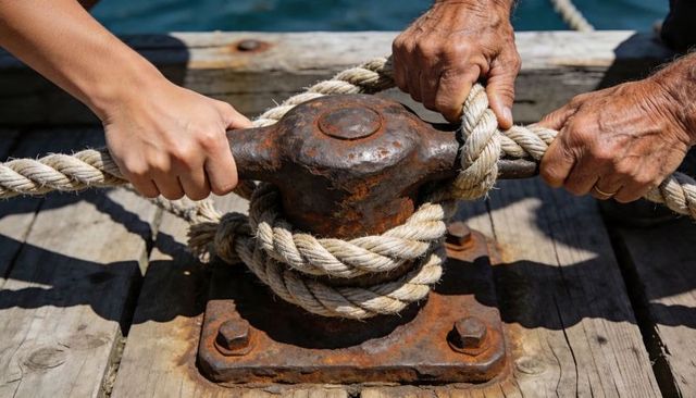 Three hands wrapping mooring rope around rusted bollard on weathered dock