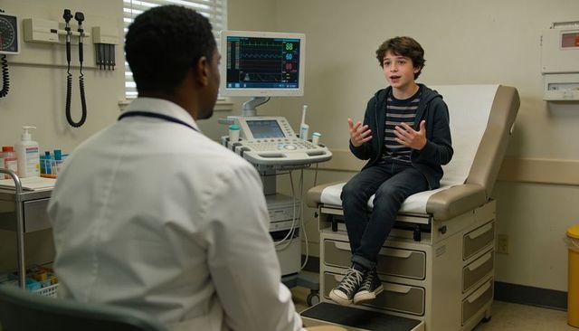 Preteen speaking with physician on exam table during pediatric consultation and checkup