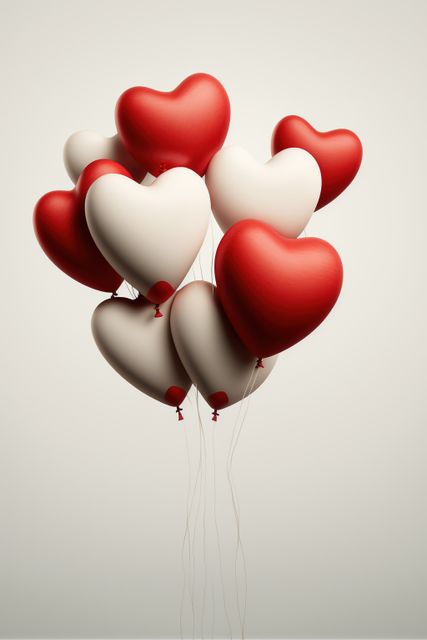 Multiple red and white heart balloons on white background, created using generative ai technology. Valentines day and celebration concept digitally generated image.