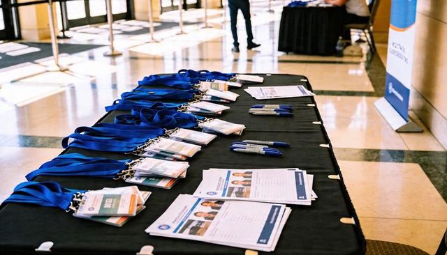 Conference registration table showing blue lanyards, badges, pens and sign-up sheets