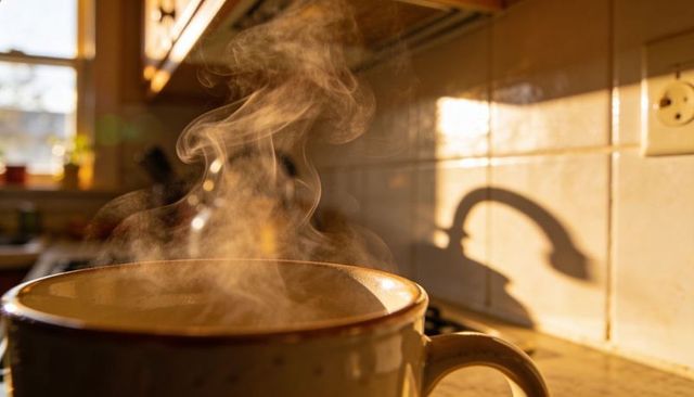 Steaming ceramic mug basking in warm sunlight casting faucet shadow on countertop