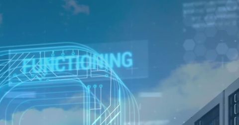 Futuristic digital graphical overlay on modern architecture