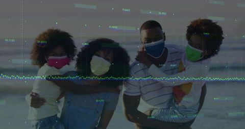 Family enjoying beach sunset with colorful face masks and overlay