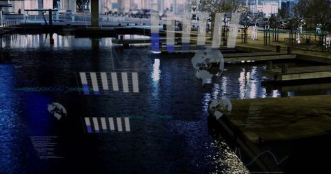 Night marina showing reflective water with futuristic hud overlays and wooden piers