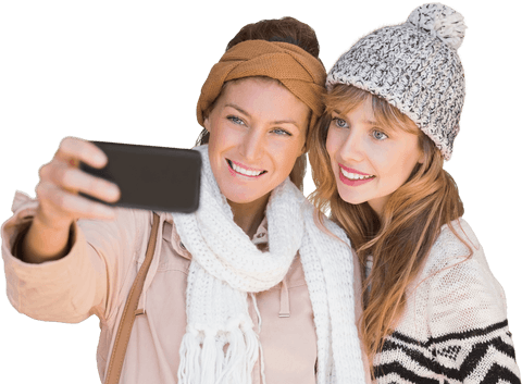Smiling Women Taking Selfie in Transparent Background