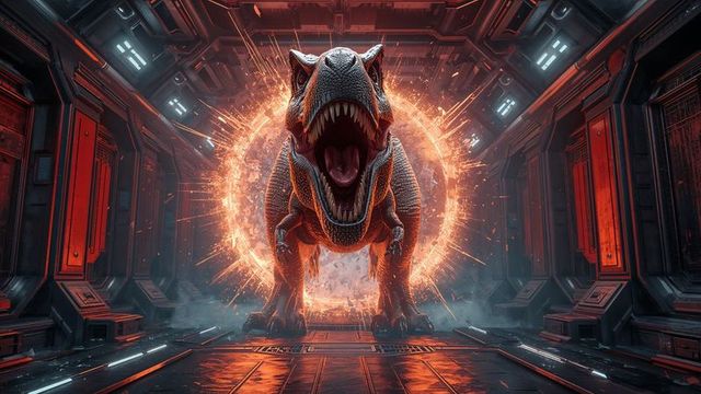 Futuristic roaring t-rex with glowing portal in spaceship corridor