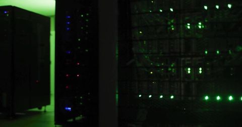 Digital server room with led lights and networking equipment