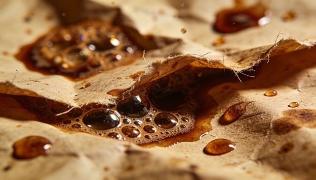 Macro coffee bubbles pooling on crumpled kraft paper creating warm textured surface