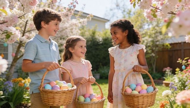 Children smiling and collecting pastel easter eggs in backyard garden under blossoming trees