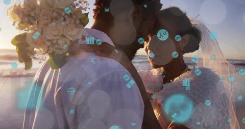 Sunset beach wedding couple embracing with digital data overlay for finance and tech themes