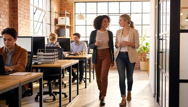 Two coworkers walking and chatting in bright open-plan loft office