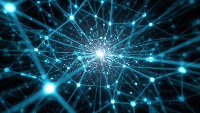 Radiating neural network hub emitting cyan data threads and glowing connection nodes