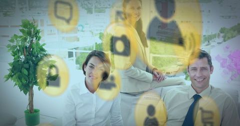 Team Collaborating with Digital Interaction Icons in Urban Office Setting