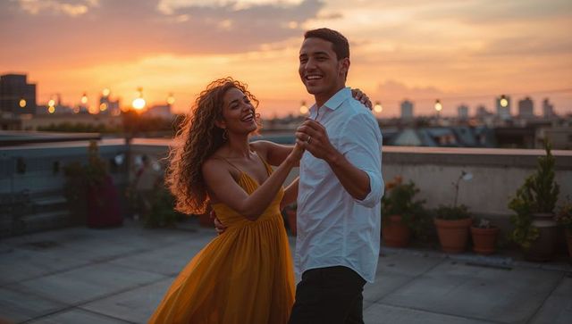 Rooftop sunset dance couple spinning in mustard dress urban golden hour skyline