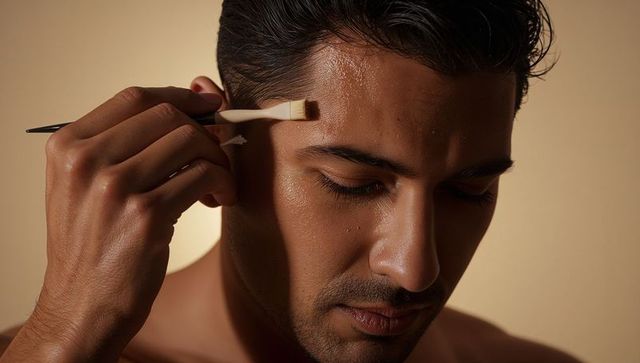 Man applying facial serum with brush, glowing moist skin closeup for male grooming
