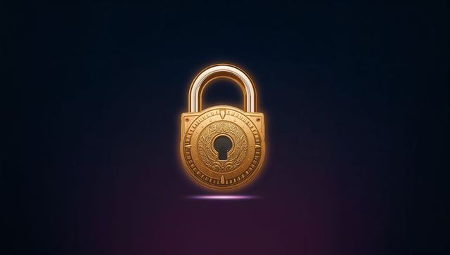 Golden Ornate Padlock Floating on Dark Gradient with Magenta Spotlight and Halo, Security Concept