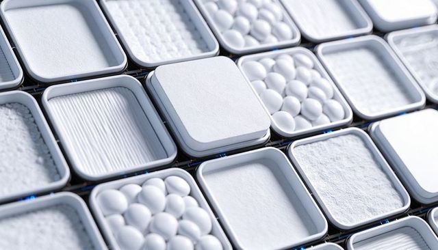 Square metal trays showing white powders and textured samples in organized laboratory grid