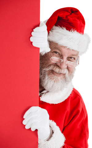 Santa Claus Peeking from Red Board Celebrating Joyfully