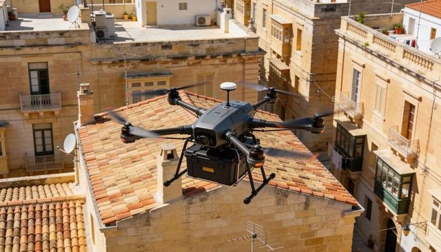 Autonomous hexacopter drone hovering over historic terracotta rooftops carrying payload