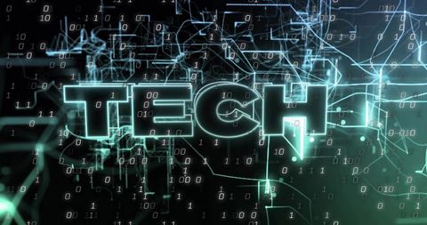 Neon TECH Text Floating in Futuristic Digital Network with Binary Code and Circuit Lines